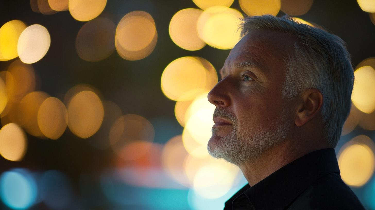 Profile of a bearded senior man against a background of blurred golden lights