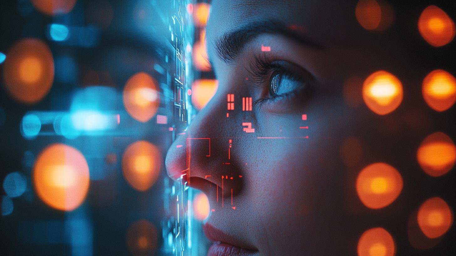 Close-up of a person's face interacting with digital interface with orange and blue lights representing technology and innovation.