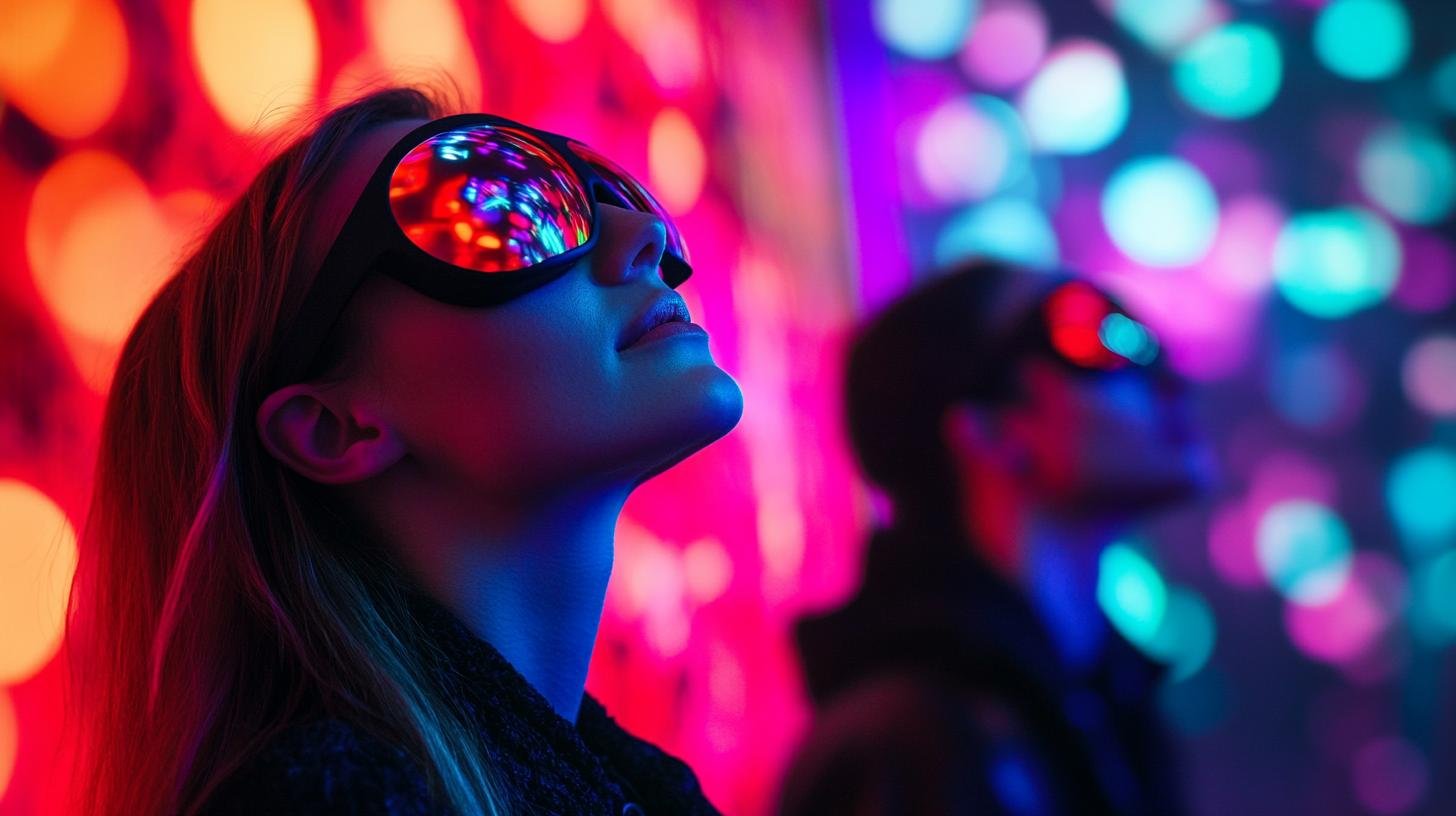 Two people wearing futuristic VR goggles with colorful abstract lights in the background.