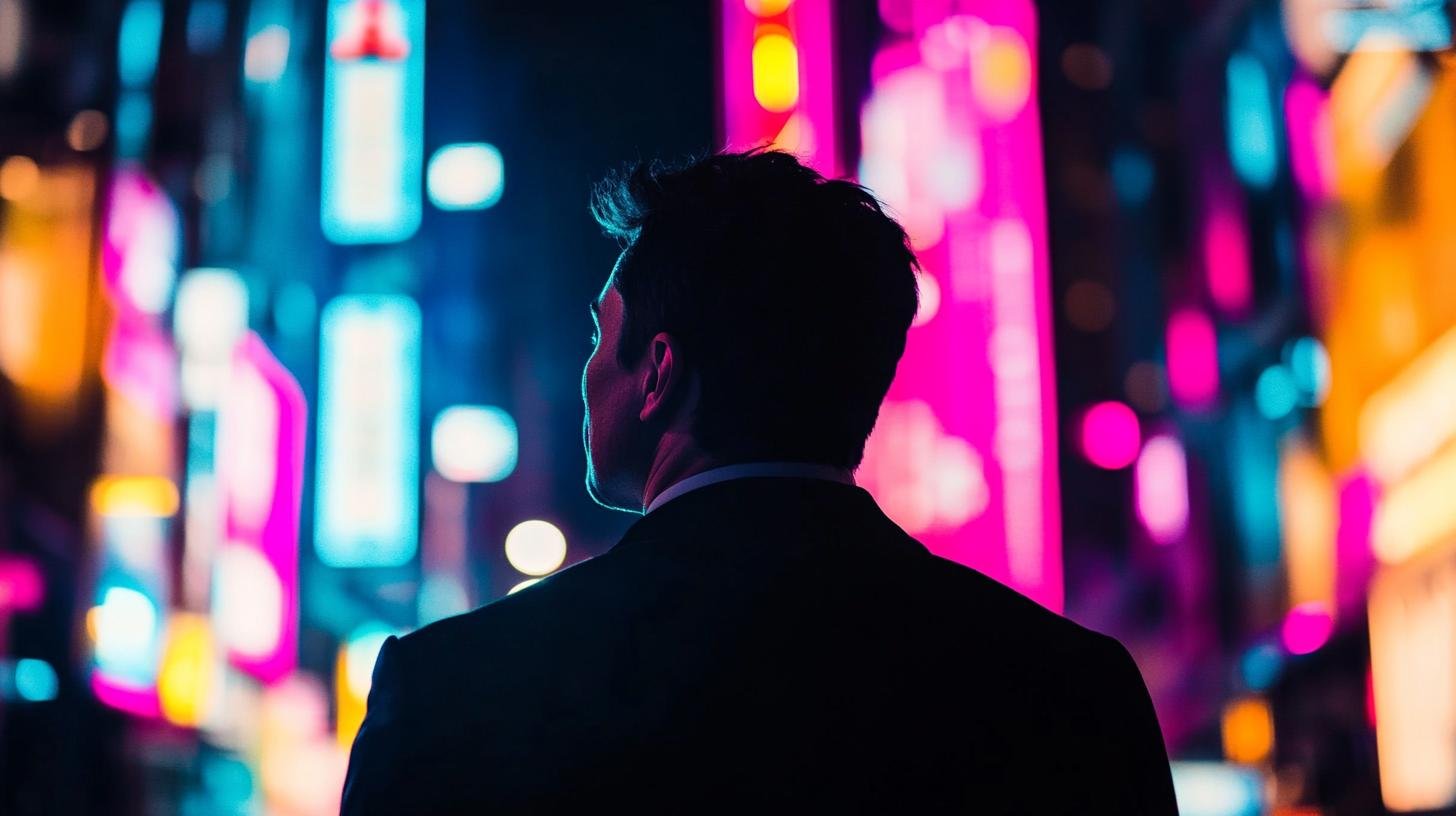 Man in a suit gazing at neon city lights at night.