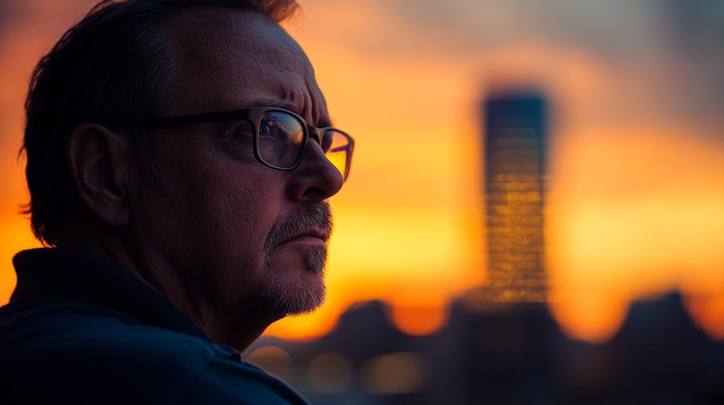 Man wearing glasses gazing into sunset with blurred cityscape backdrop