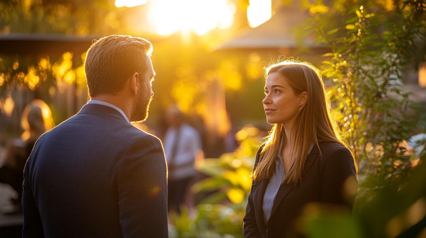 Professional man and woman talking in outdoor setting during sunset networking event business attire.