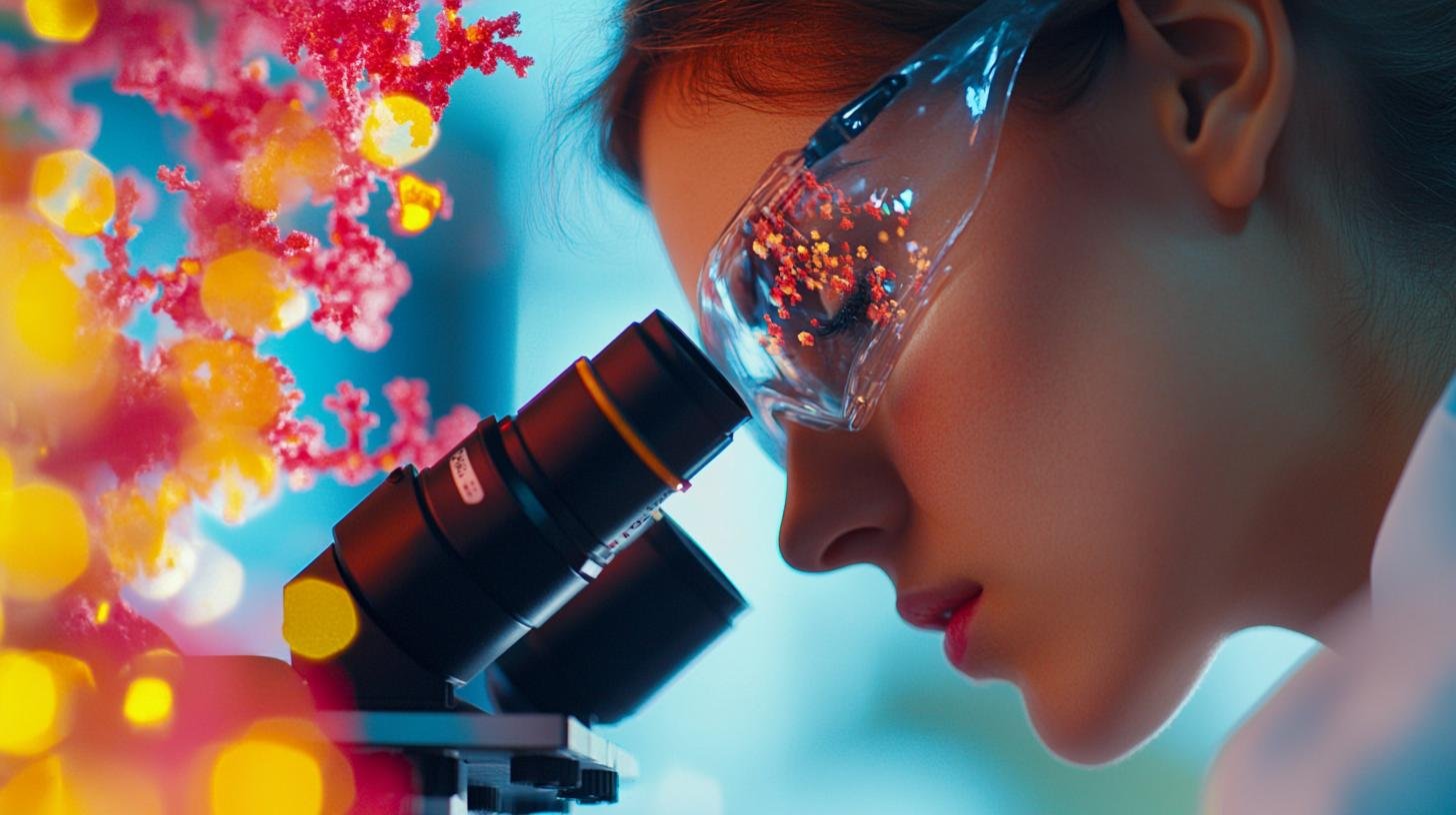 Scientist examining samples under a microscope in a laboratory with vivid colors in the background.