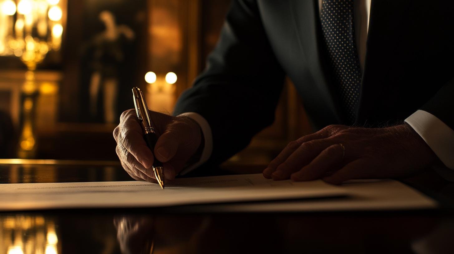 Close-up of a person in a suit signing a document with a pen on a dark wooden desk in a dimly lit room with a blurred background.