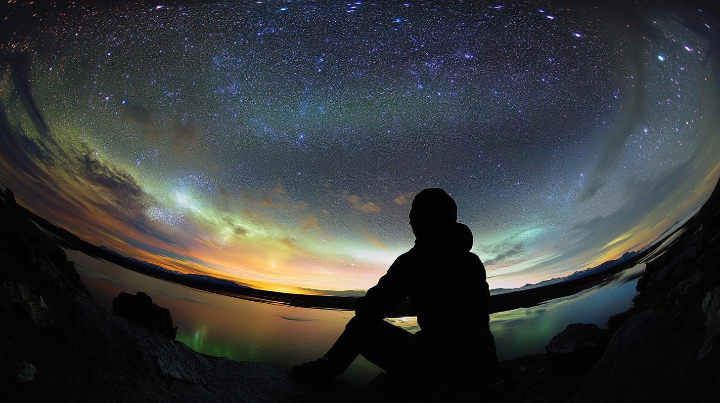 Silhouette of a person sitting by a lake under a starry night sky with colorful aurora and reflected lights.