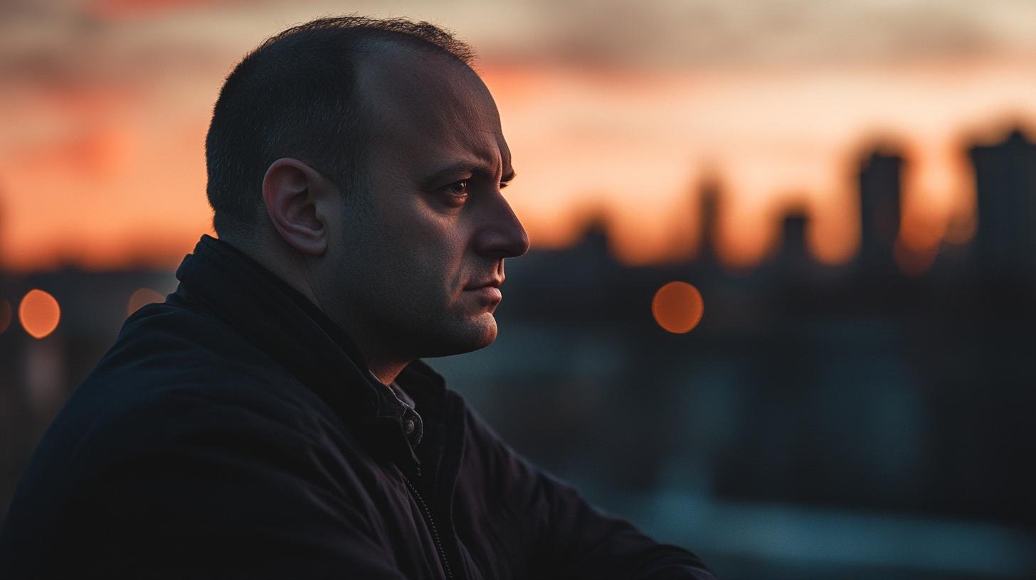 Man looking thoughtful at sunset with city skyline in the background