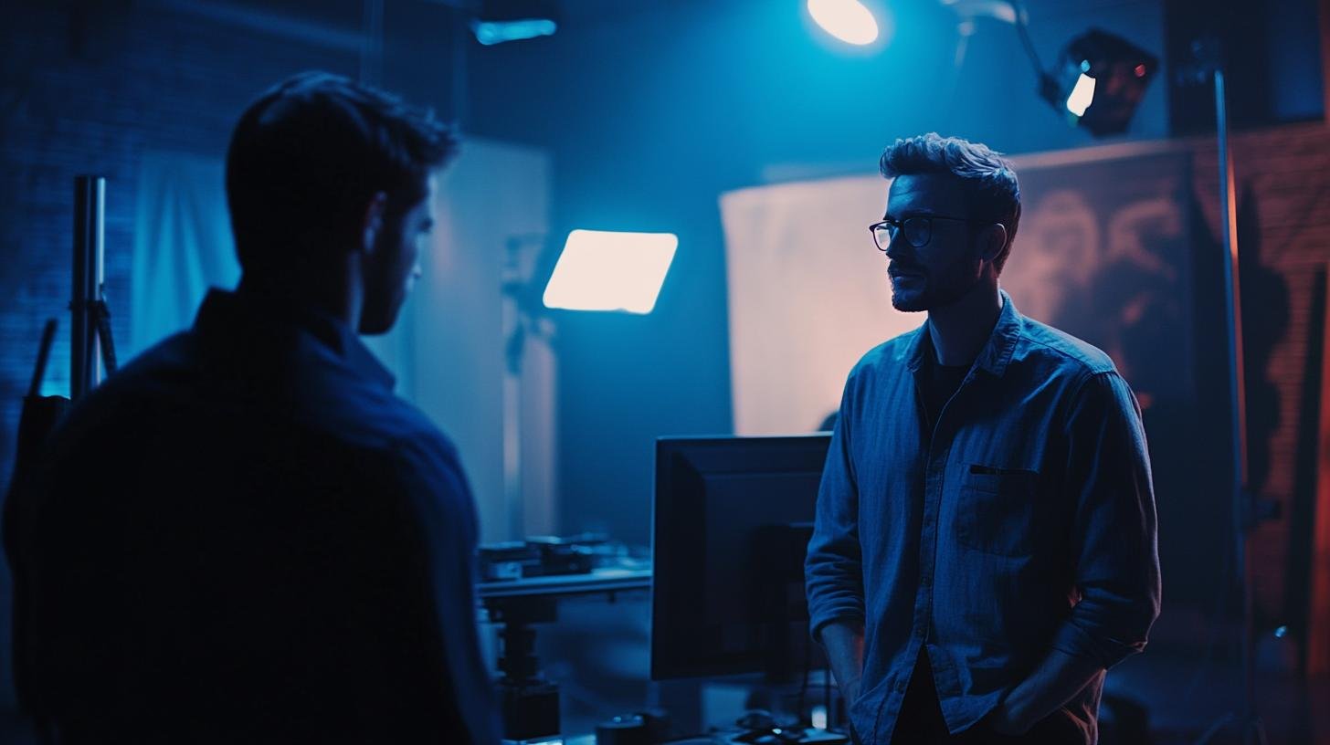 Two men in a dimly lit studio setting discussing work with blue lighting background