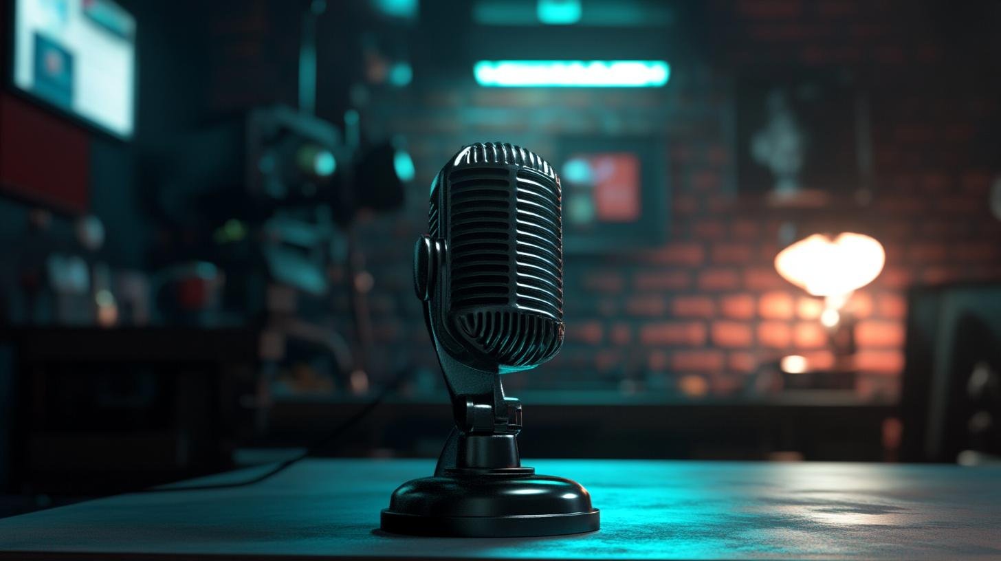 Vintage microphone on a stand in a recording studio with ambient lighting and blurred background