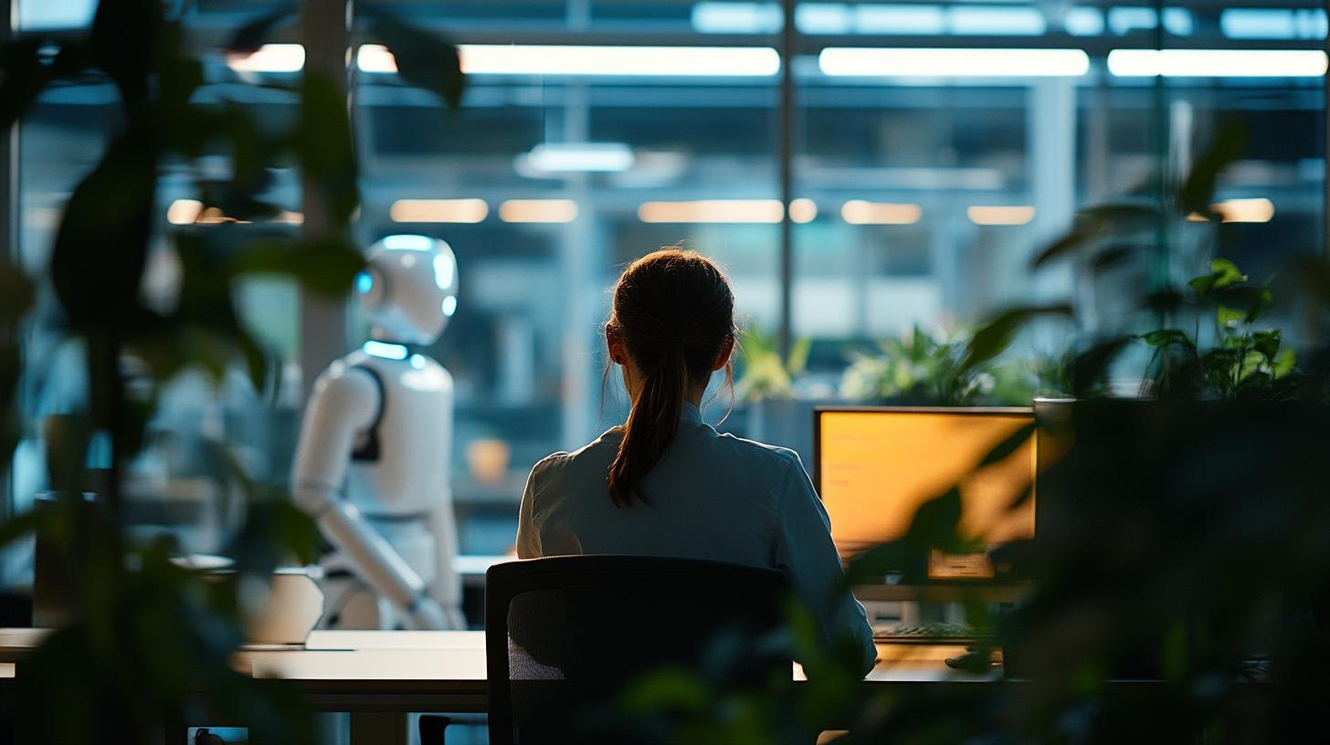 Woman working in a modern office with a humanoid robot nearby surrounded by plants and a glowing computer screen